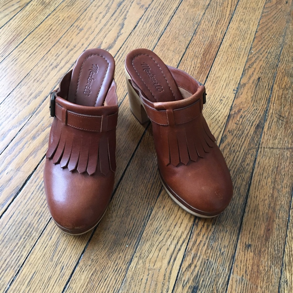 Madewell brown leather “Kiltie Clog” with wooden sole, size 9